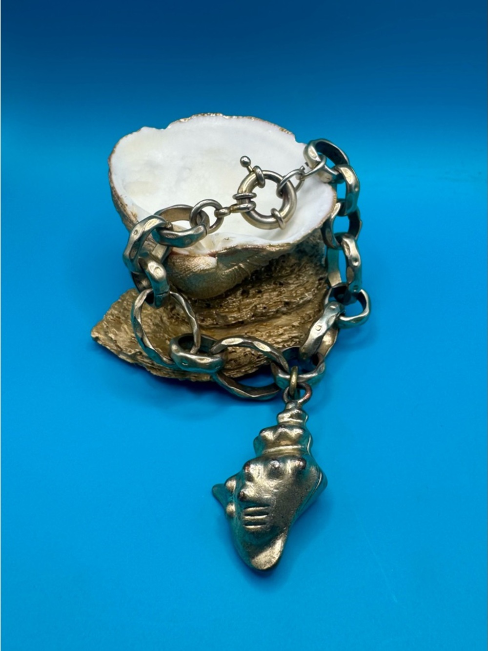 Champagne Gold Overlay JCrew Textured Chain Bracelet with Shell Pendant
